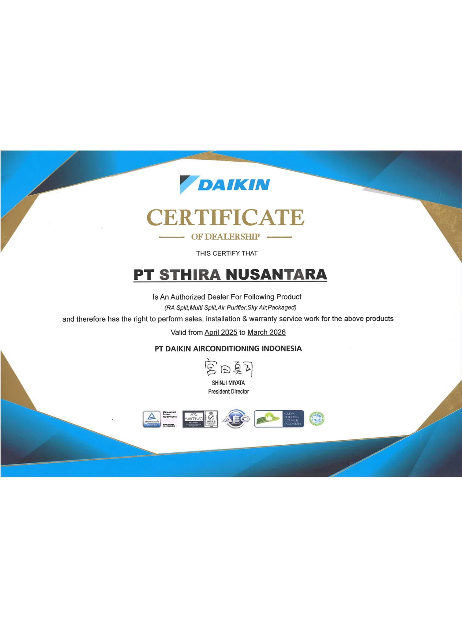 Daikin Units Dealership Certificate (2025-2026) Daikin Units Dealership Certificate